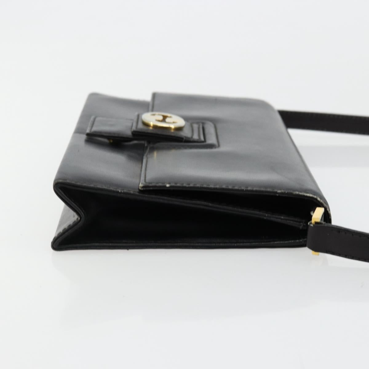 GUCCI Shoulder Bag Leather Black Gold Auth 177874