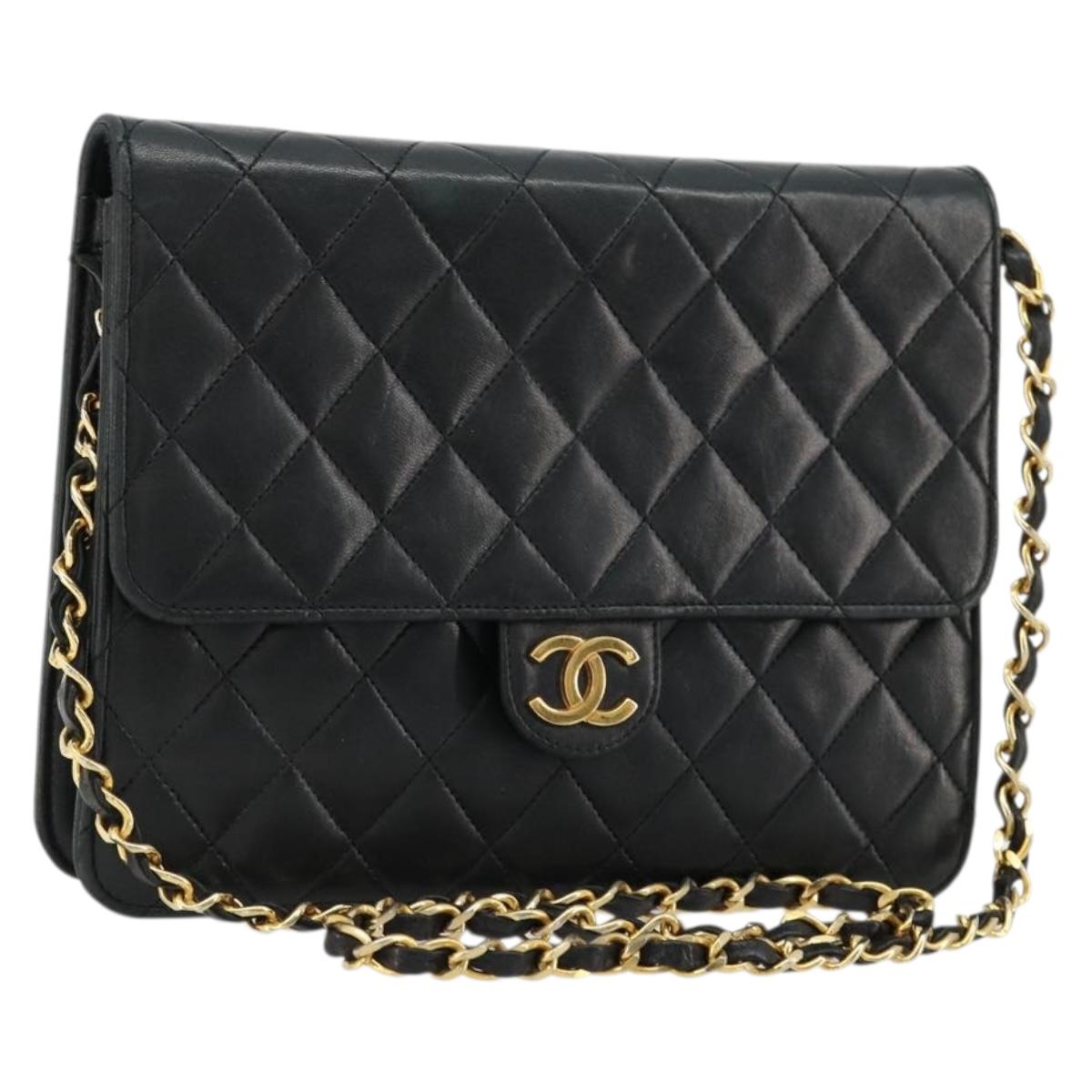 CHANEL Matelasse Chain Shoulder Bag Lamb Skin Black Gold CC Auth 177875