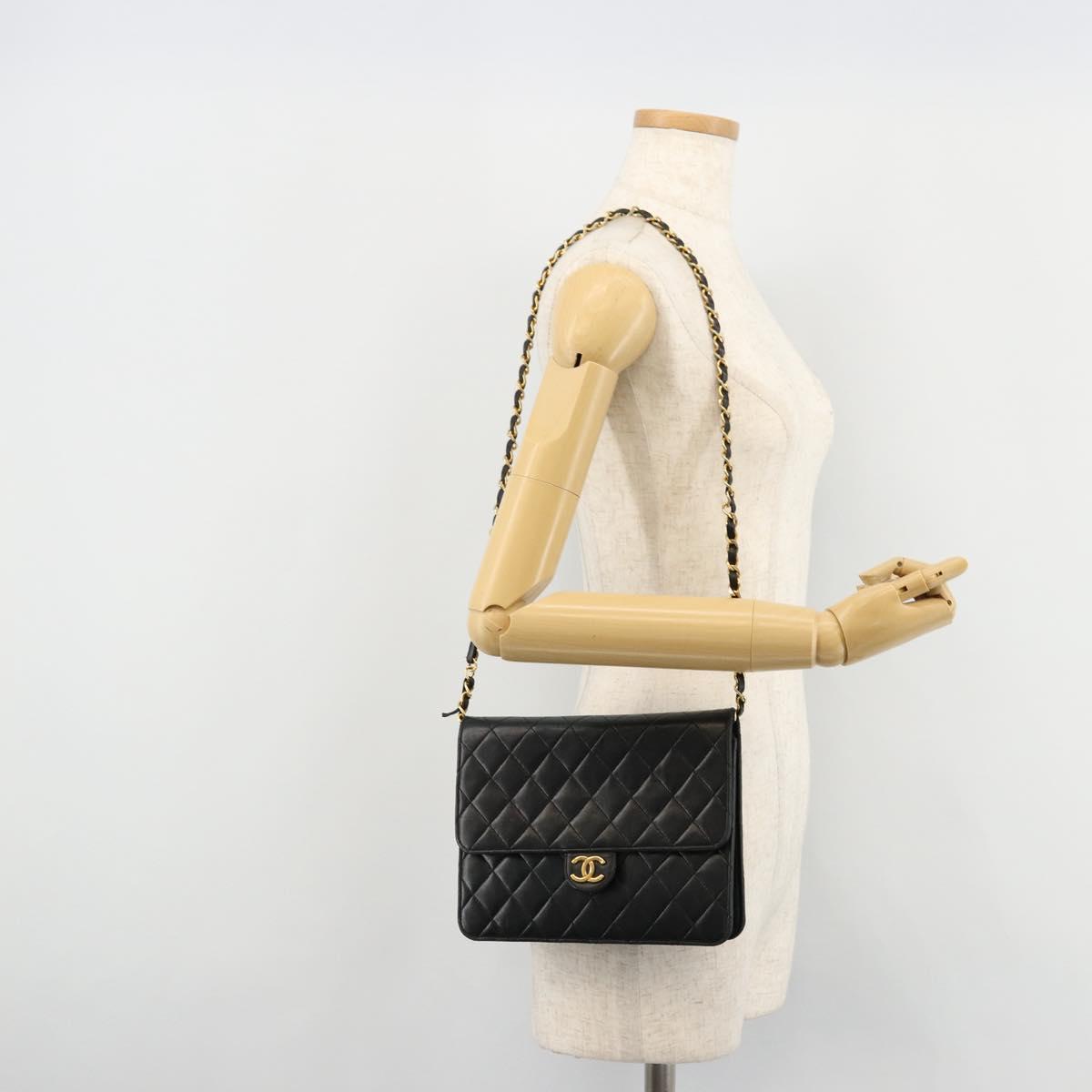 CHANEL Matelasse Chain Shoulder Bag Lamb Skin Black Gold CC Auth 177875