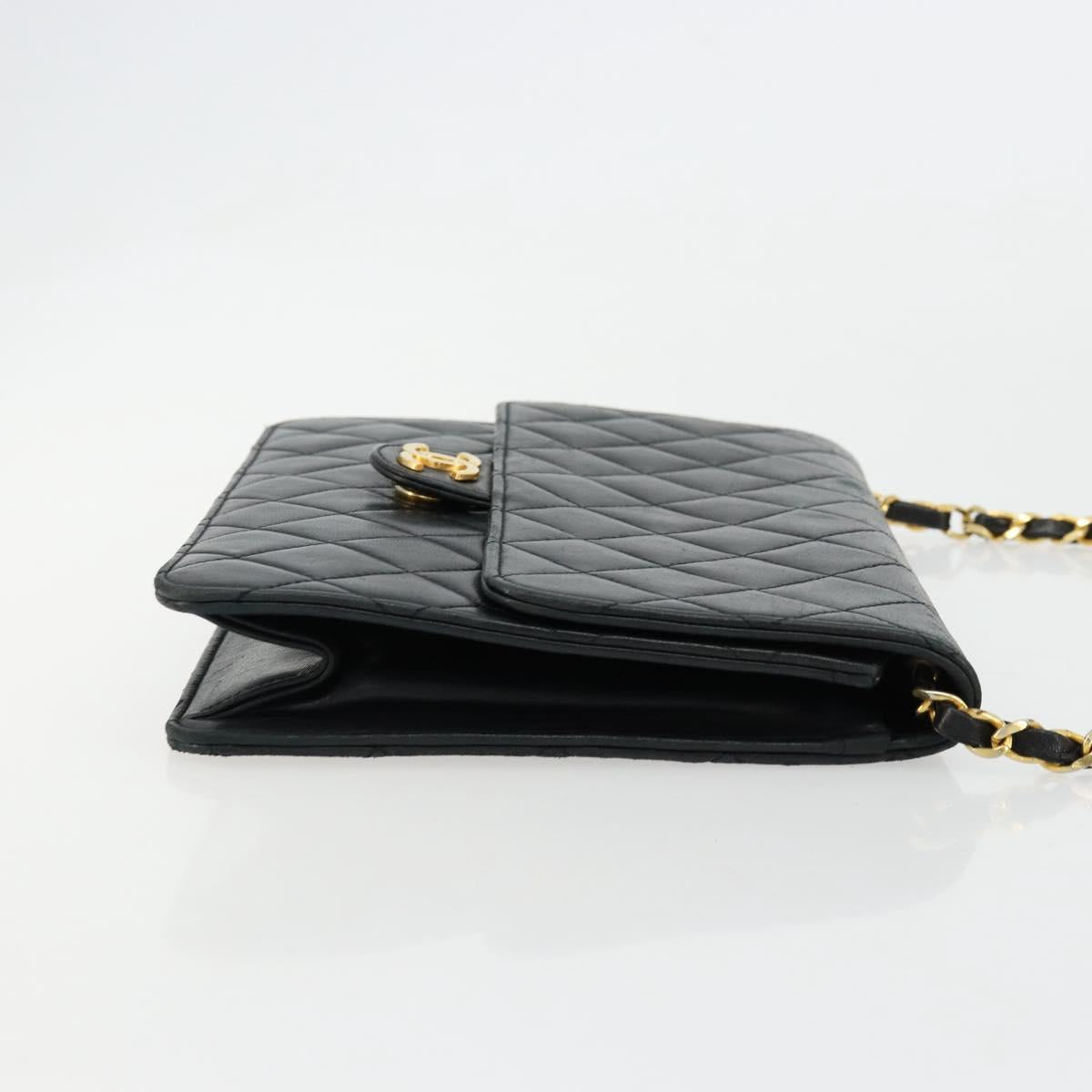 CHANEL Matelasse Chain Shoulder Bag Lamb Skin Black Gold CC Auth 177875