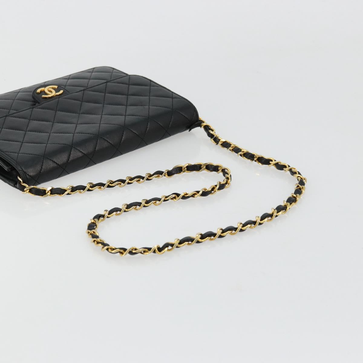 CHANEL Matelasse Chain Shoulder Bag Lamb Skin Black Gold CC Auth 177875