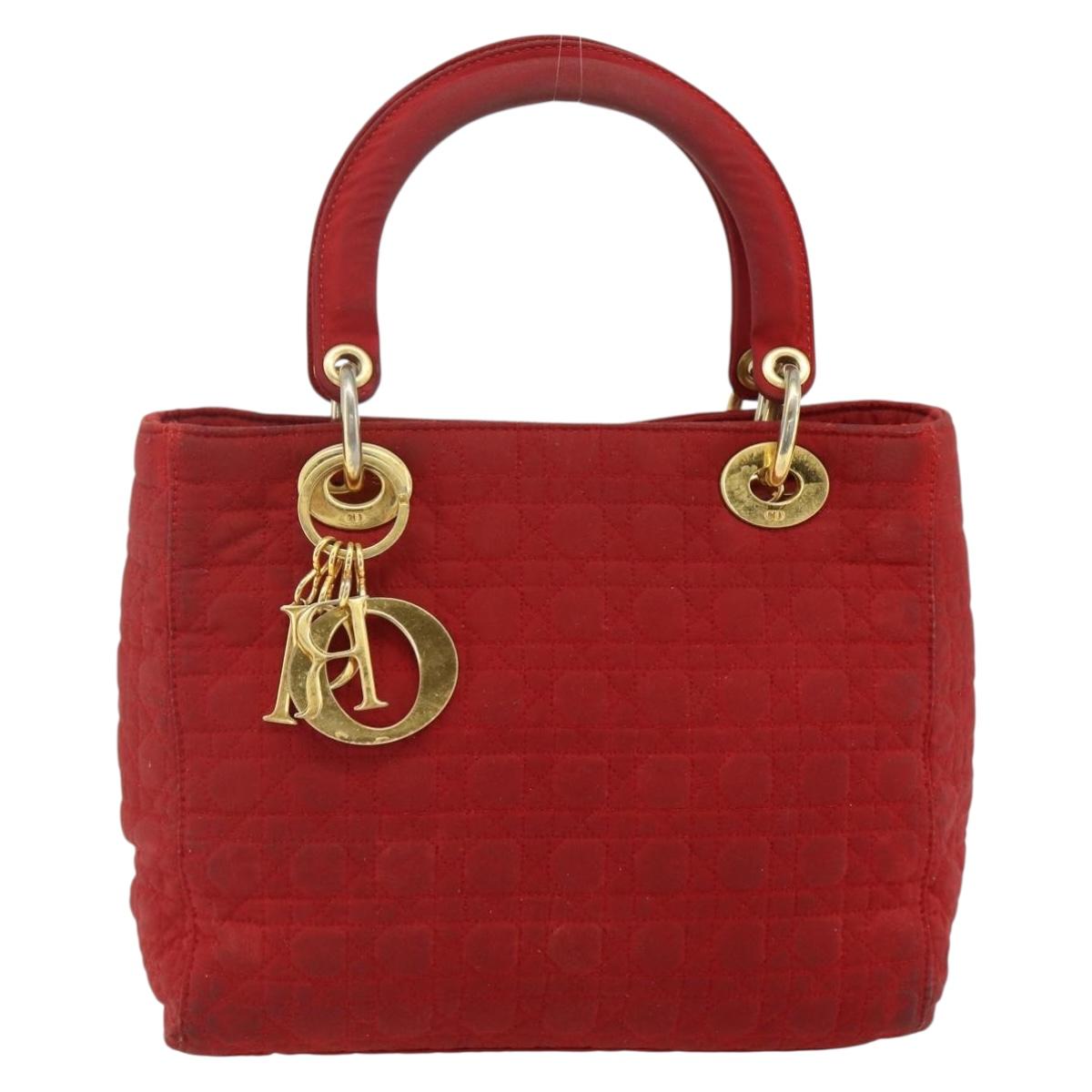 Christian Dior Lady Dior Canage Hand Bag Nylon Red Gold Auth 177903