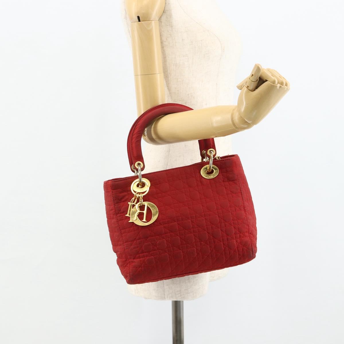 Christian Dior Lady Dior Canage Hand Bag Nylon Red Gold Auth 177903