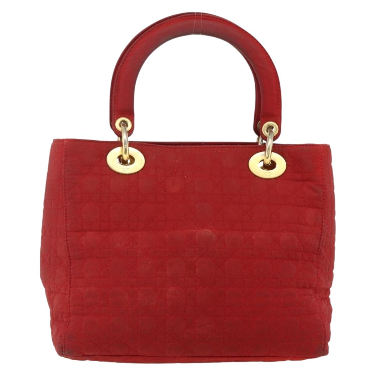 Christian Dior Lady Dior Canage Hand Bag Nylon Red Gold Auth 177903
