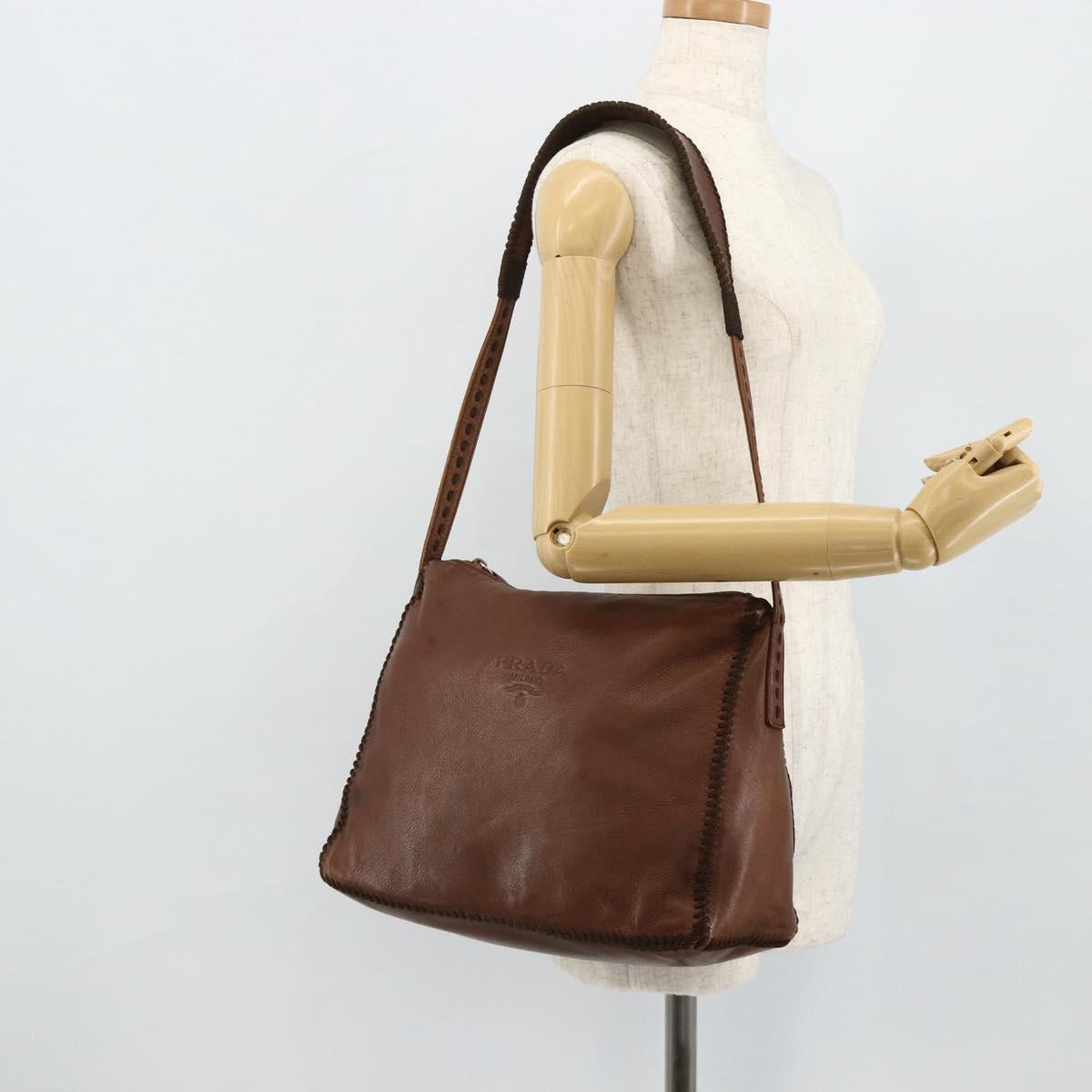 PRADA Shoulder Bag Leather Brown Gold Auth 177919