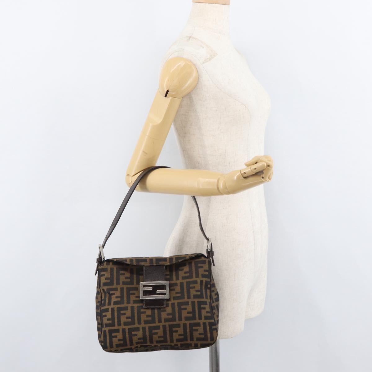 FENDI Zucca Canvas Mamma Baguette Shoulder Bag Black Brown Auth 177921SAV