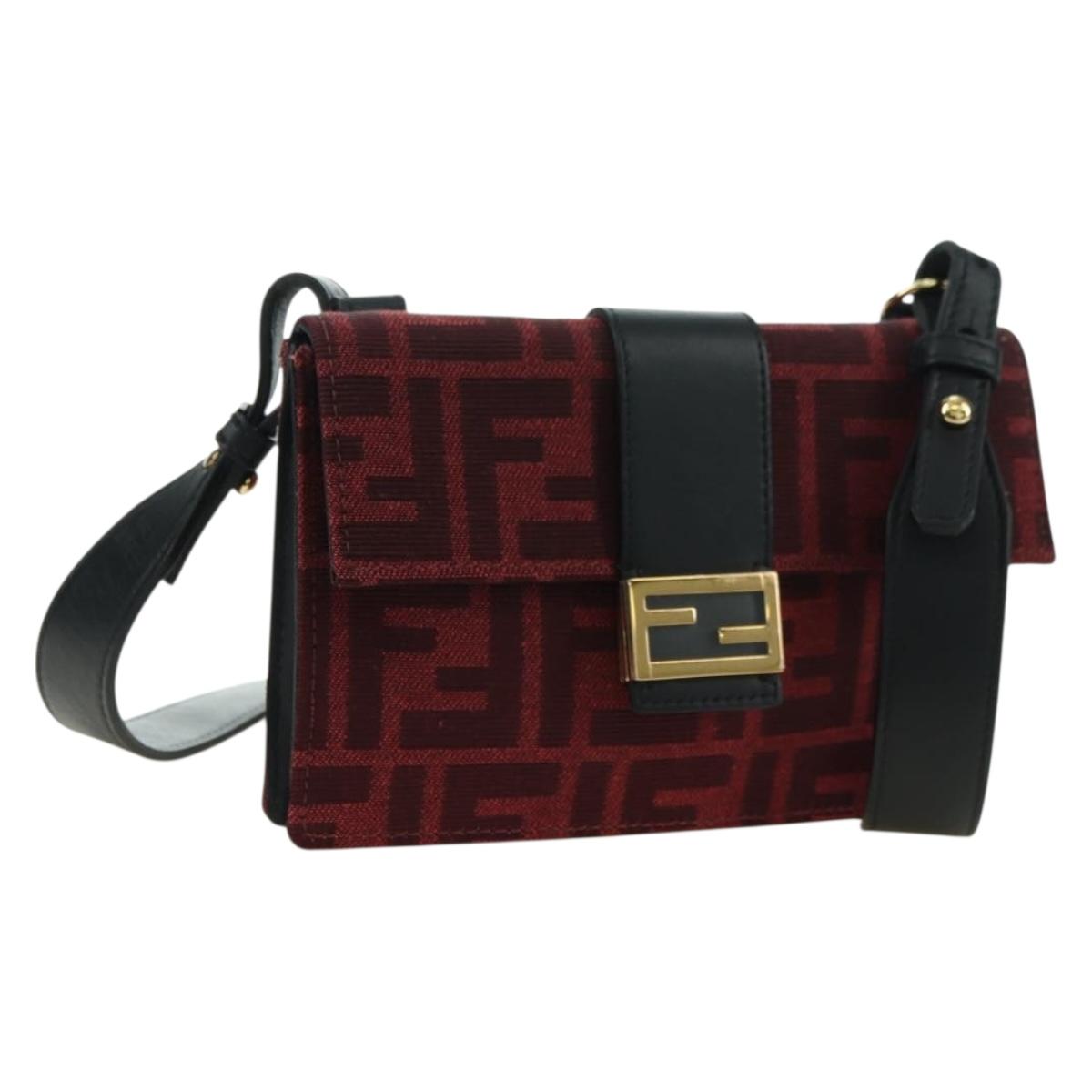 FENDI Zucca Canvas Baguette Slim Shoulder Bag Red Gold Auth 177965A