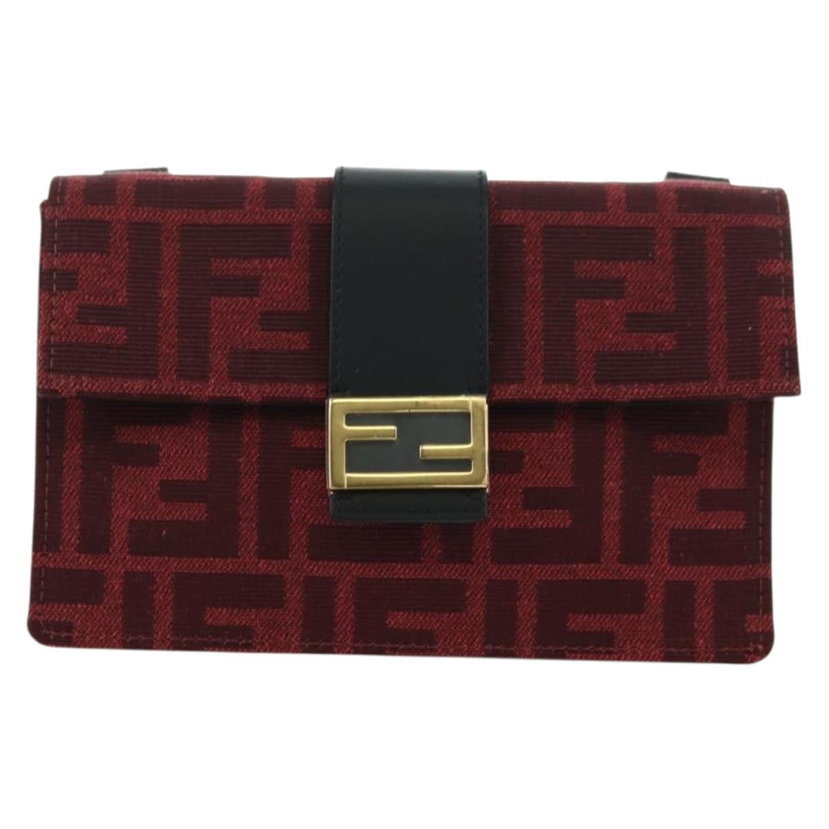 FENDI Zucca Canvas Baguette Slim Shoulder Bag Red Gold Auth 177965A