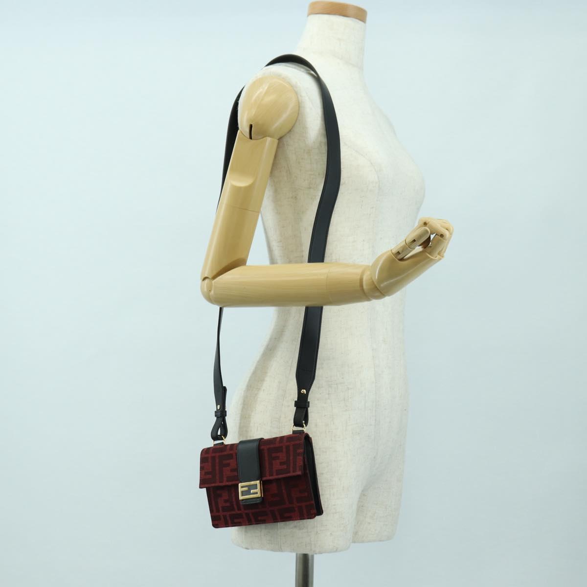 FENDI Zucca Canvas Baguette Slim Shoulder Bag Red Gold Auth 177965A