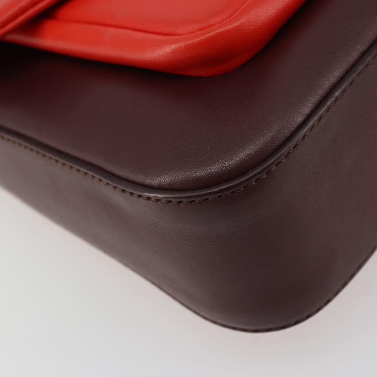 FENDI Chain Beebaguette Shoulder Bag Leather Red Silver Auth 177969A