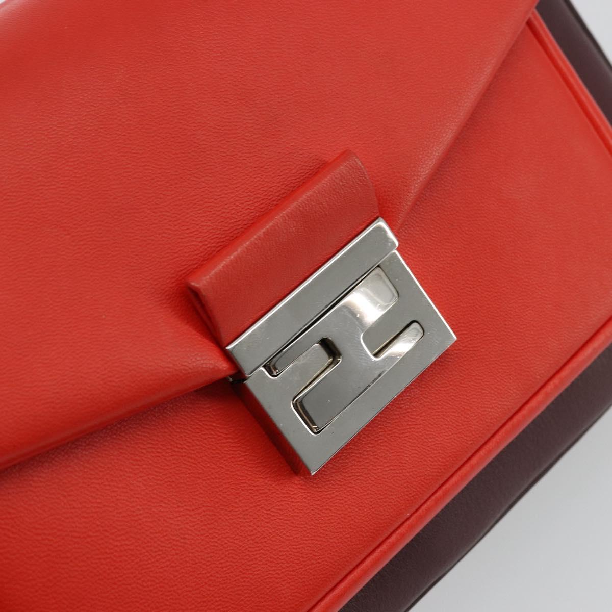 FENDI Chain Beebaguette Shoulder Bag Leather Red Silver Auth 177969A