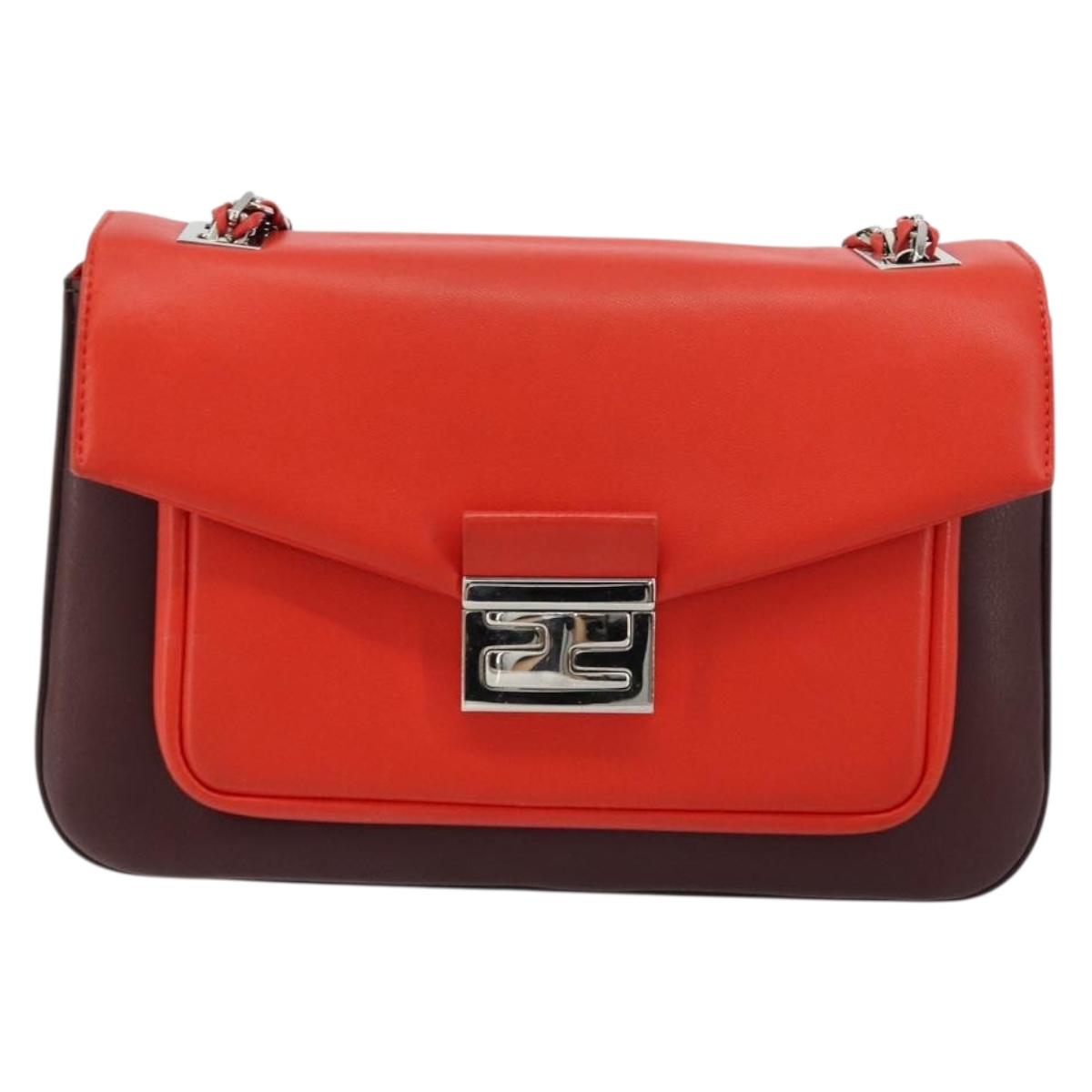 FENDI Chain Beebaguette Shoulder Bag Leather Red Silver Auth 177969A