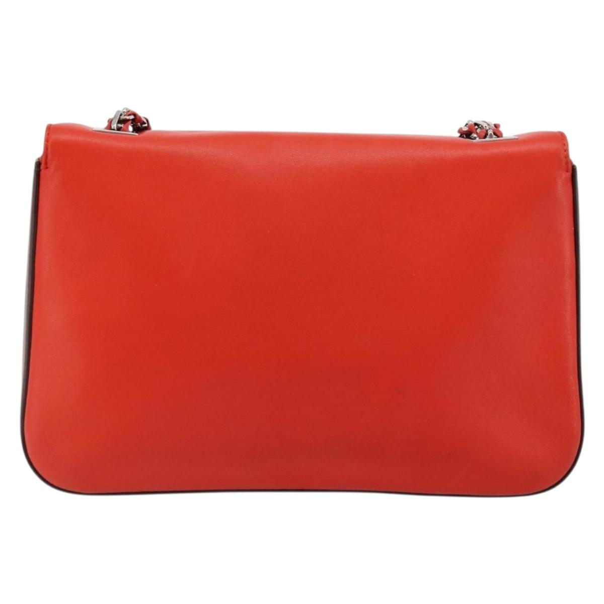 FENDI Chain Beebaguette Shoulder Bag Leather Red Silver Auth 177969A