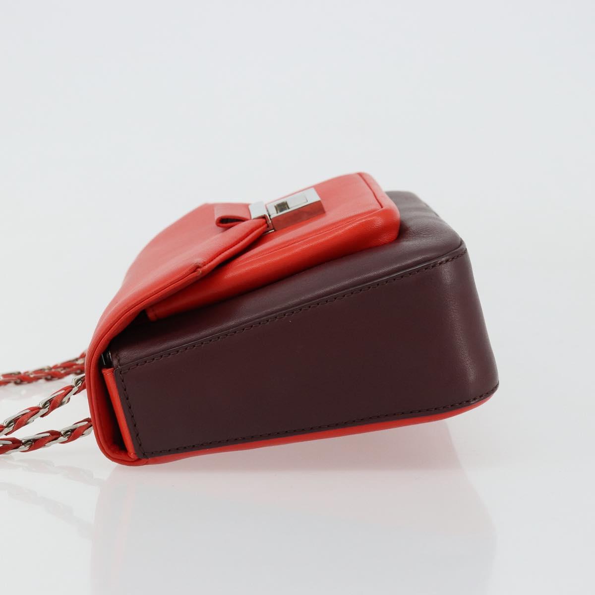 FENDI Chain Beebaguette Shoulder Bag Leather Red Silver Auth 177969A
