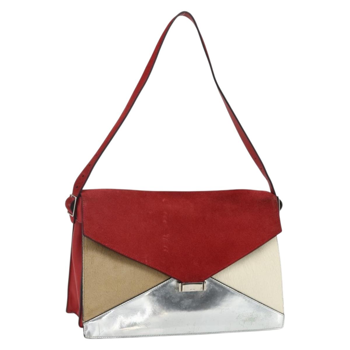 CELINE Shoulder Bag Leather Red Silver Auth 177971