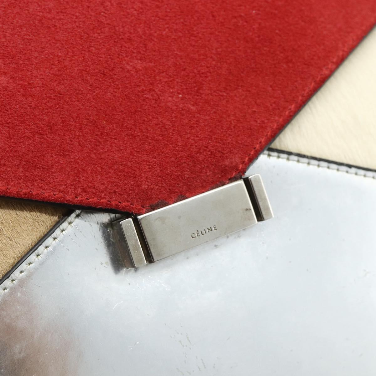 CELINE Shoulder Bag Leather Red Silver Auth 177971