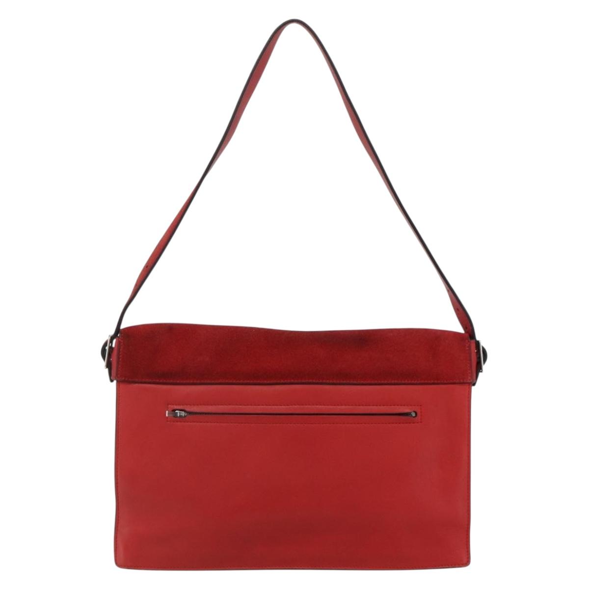 CELINE Shoulder Bag Leather Red Silver Auth 177971