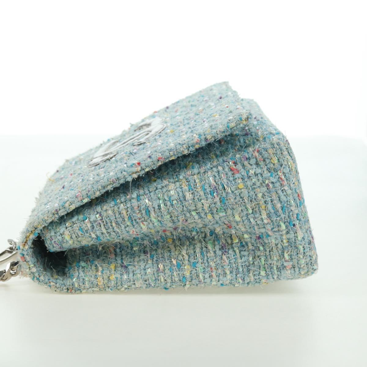CHANEL Chain Hand Bag Tweed Light Blue Silver CC Auth 177972SV