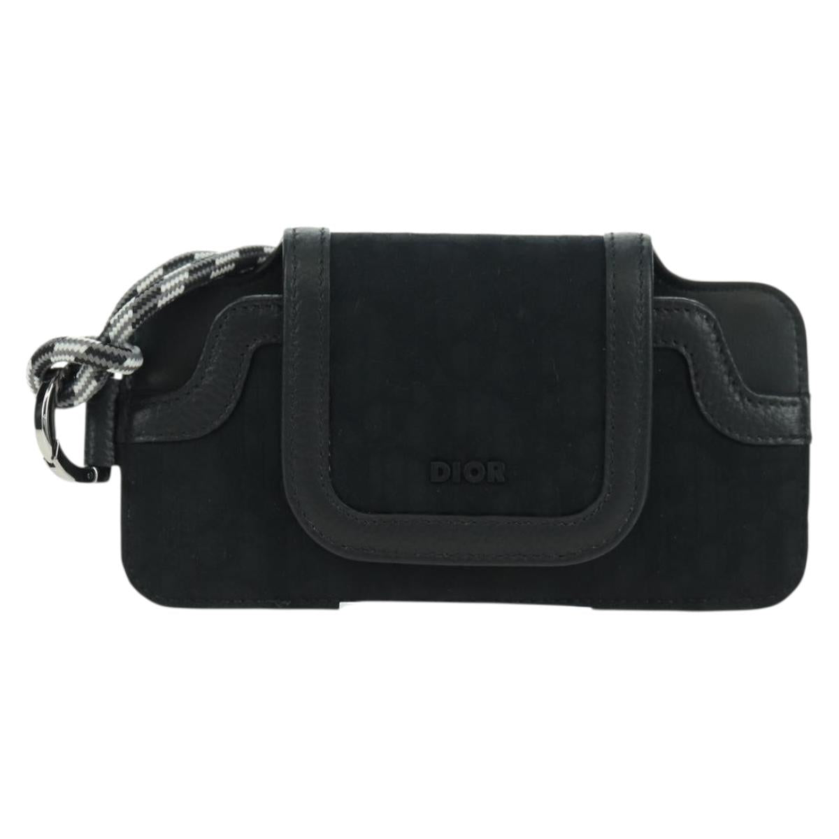 Christian Dior Trotter Canvas Neck Pouch Black Silver Auth 177974M