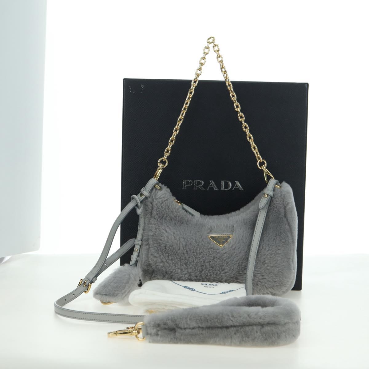 PRADA Shoulder Bag Mouton 3way Gray Gold Auth 177976SM