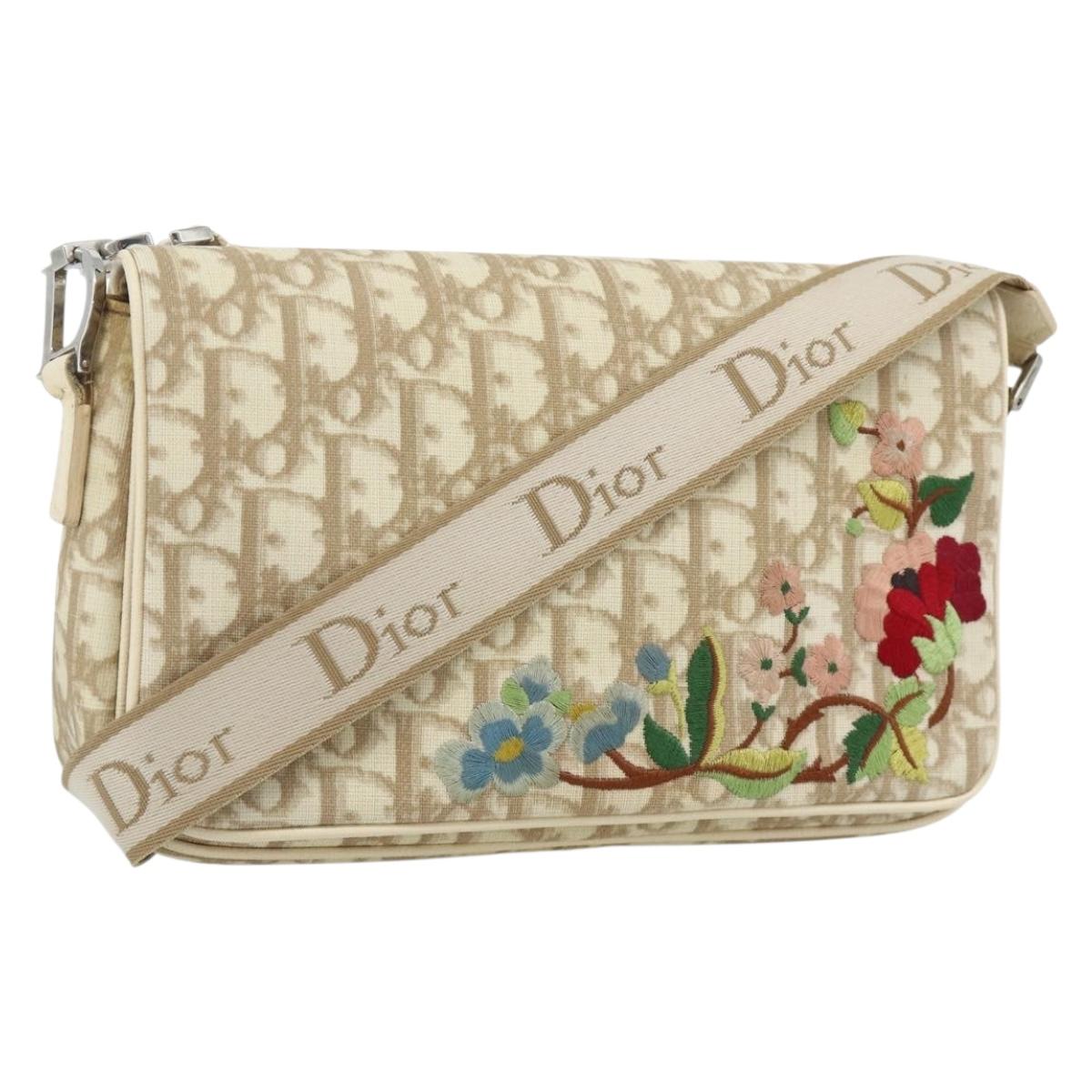 Christian Dior Trotter Canvas Shoulder Bag PVC Beige Silver Auth 177983A