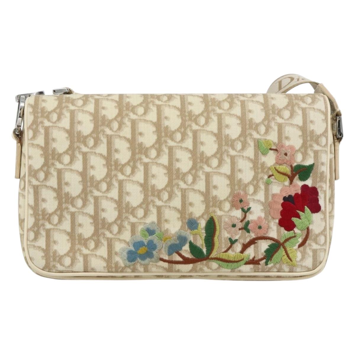 Christian Dior Trotter Canvas Shoulder Bag PVC Beige Silver Auth 177983A