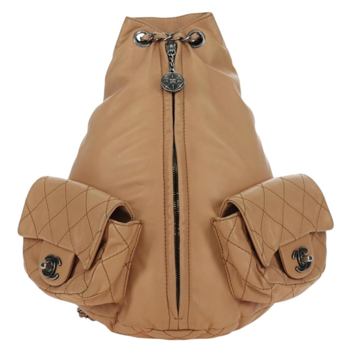 CHANEL Matelasse Chain Backpack Lamb Skin Beige Silver CC Auth 177984SAV