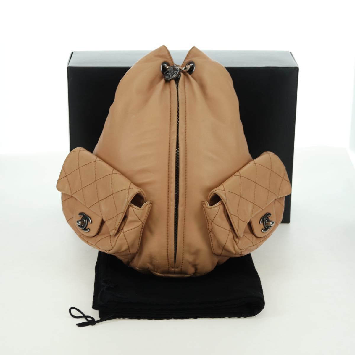 CHANEL Matelasse Chain Backpack Lamb Skin Beige Silver CC Auth 177984SAV