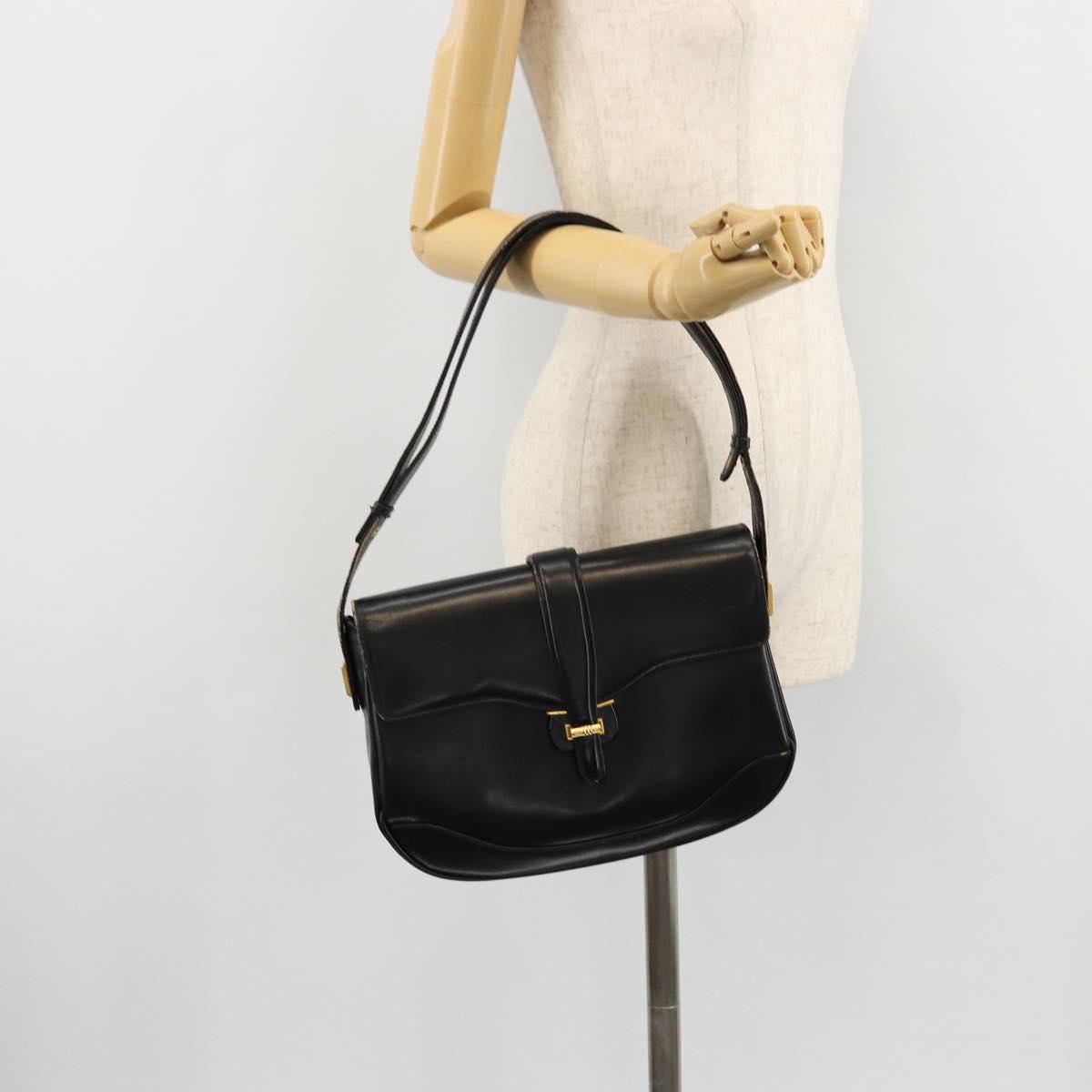 GUCCI Shoulder Bag Leather Black Gold Auth 177992