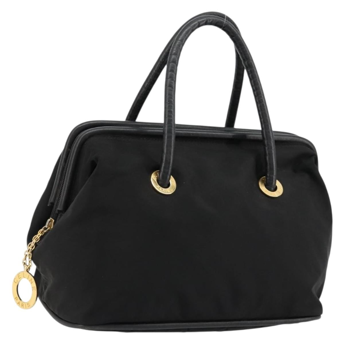 CELINE Circle Hand Bag Nylon Black Gold Auth 178010