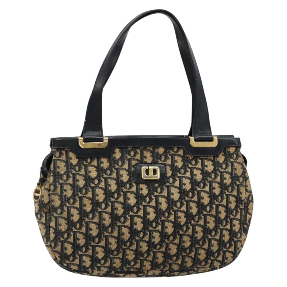 Christian Dior Trotter Canvas Hand Bag Navy Gold Auth 178015
