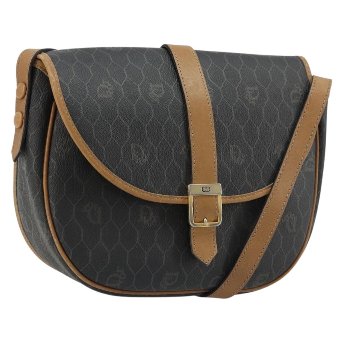 Christian Dior Honeycomb Canvas Shoulder Bag PVC Black Gold Auth 178016