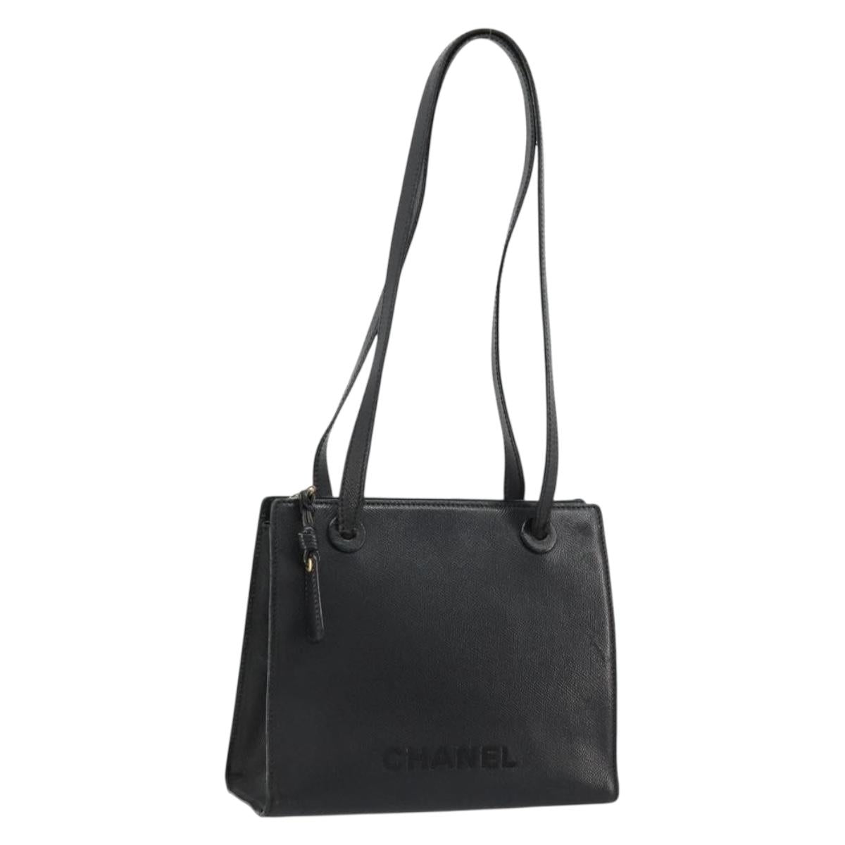 CHANEL Tote Bag Caviar Skin Black Gold CC Auth 178022