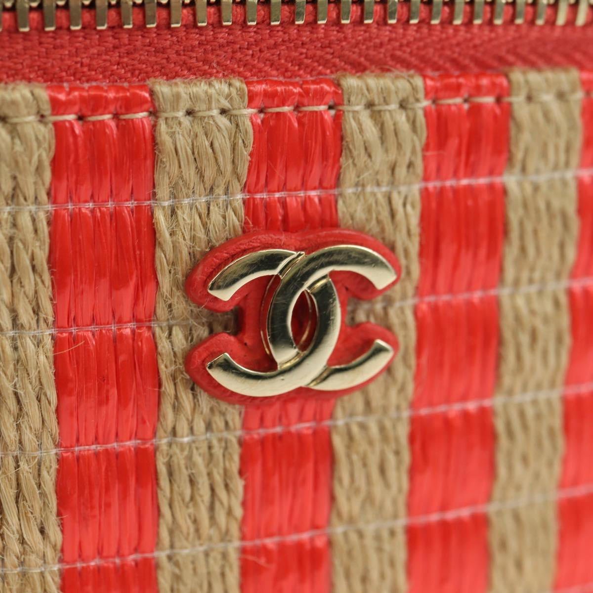 CHANEL Chain Vanity Shoulder Bag Raffia Red Gold CC Auth 178044SM