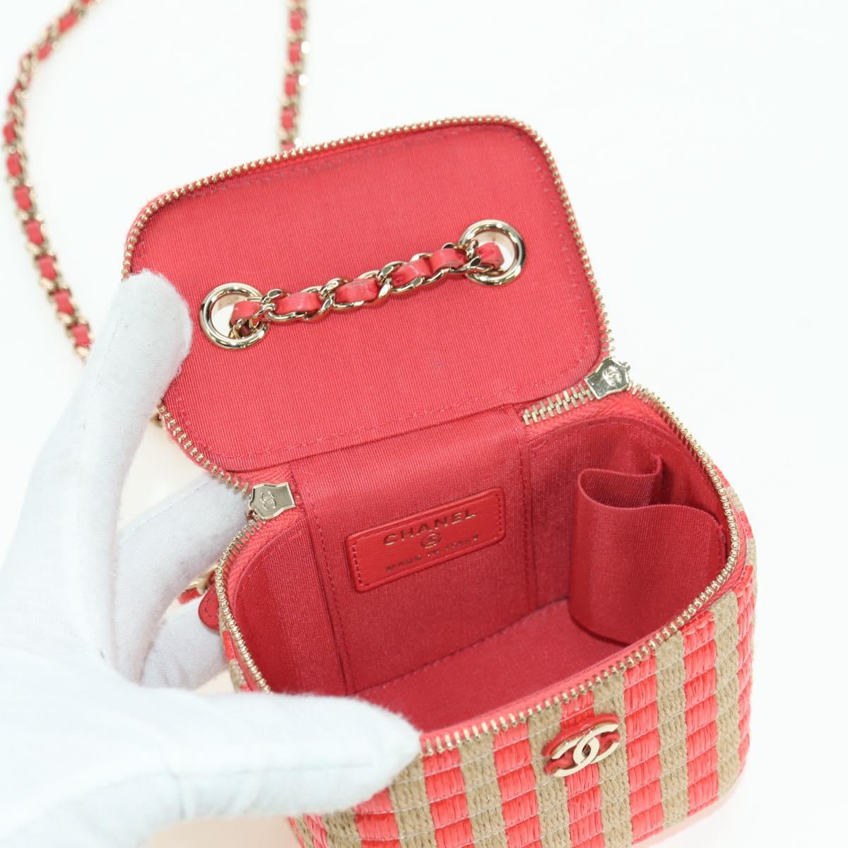 CHANEL Chain Vanity Shoulder Bag Raffia Red Gold CC Auth 178044SM