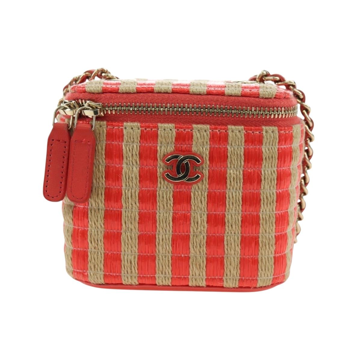 CHANEL Chain Vanity Shoulder Bag Raffia Red Gold CC Auth 178044SM