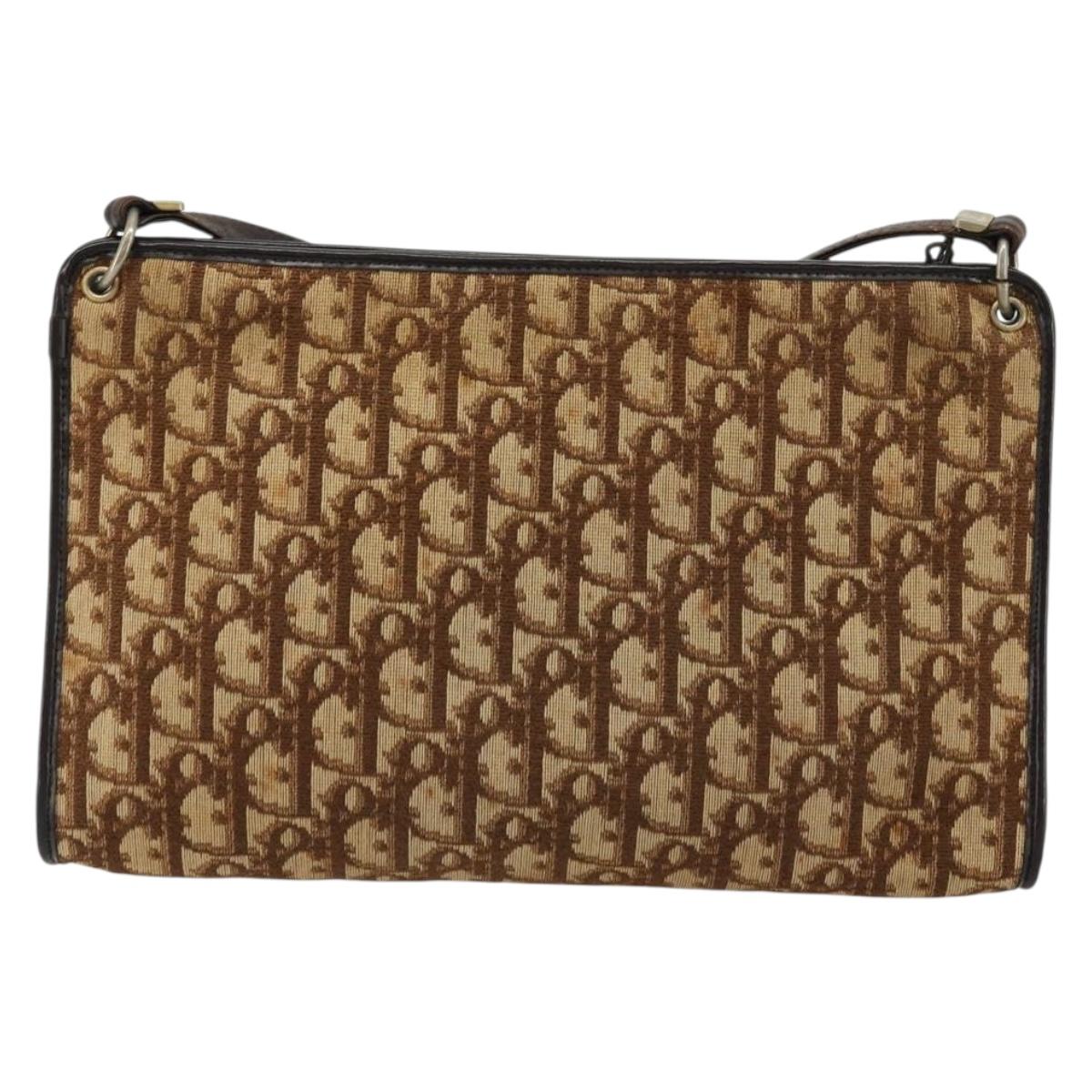 Christian Dior Trotter Canvas Shoulder Bag Beige Gold Auth 178063