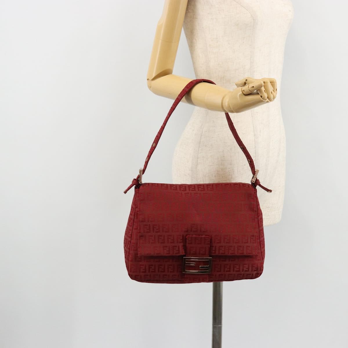 FENDI Zucchino Canvas Mamma Baguette Shoulder Bag Red Gold Auth 178066V