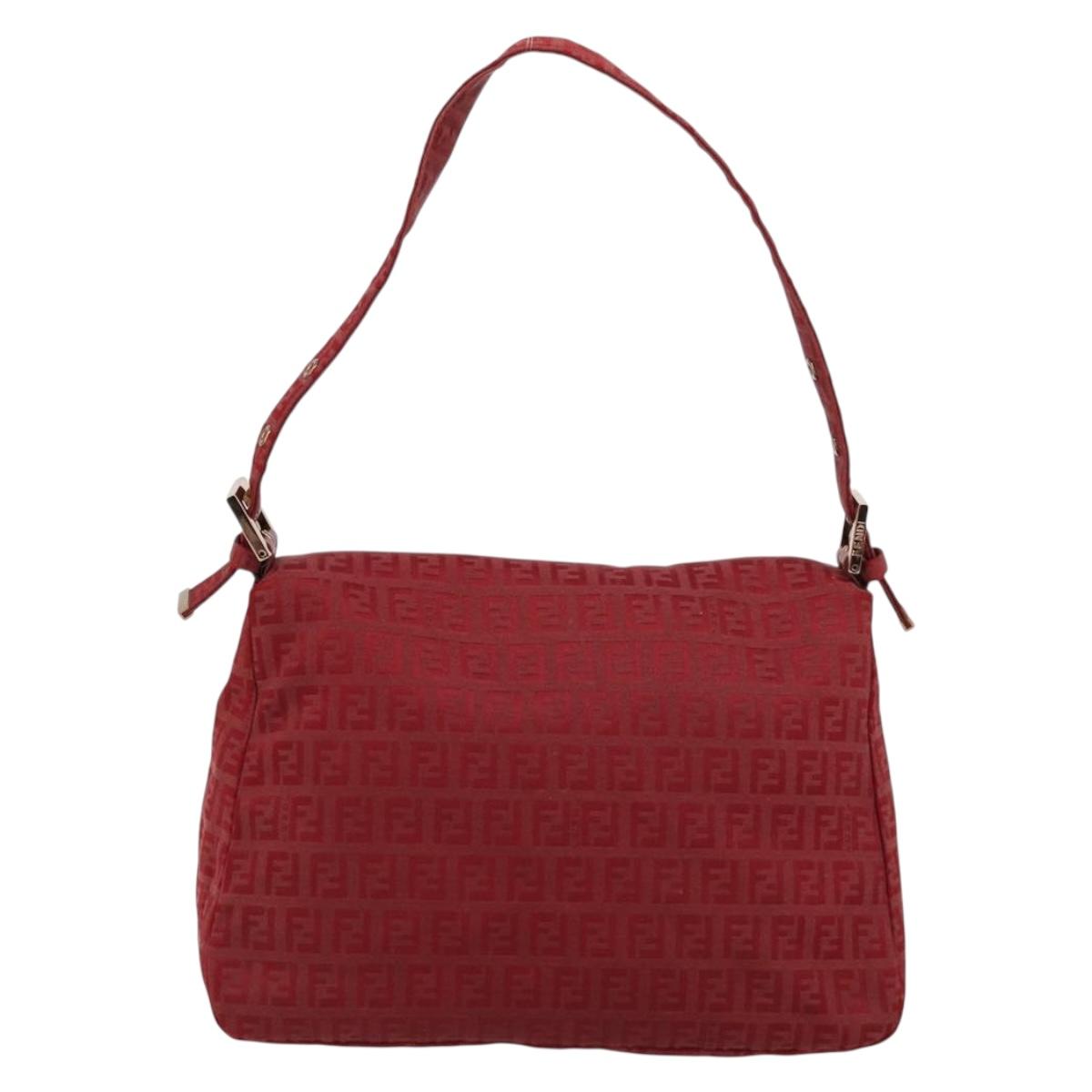 FENDI Zucchino Canvas Mamma Baguette Shoulder Bag Red Gold Auth 178066V