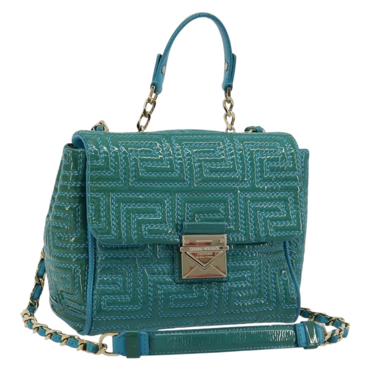 Gianni Versace Chain Shoulder Bag Patent leather 2way Green Gold Auth 178068A