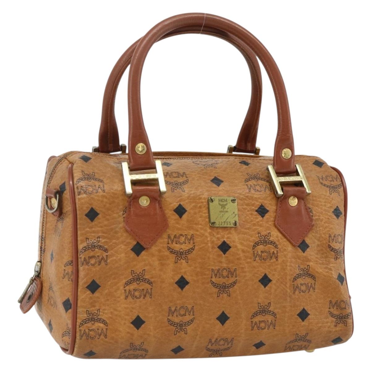 MCM Logogram Vicetos Boston Bag PVC Brown Gold Auth 178073A