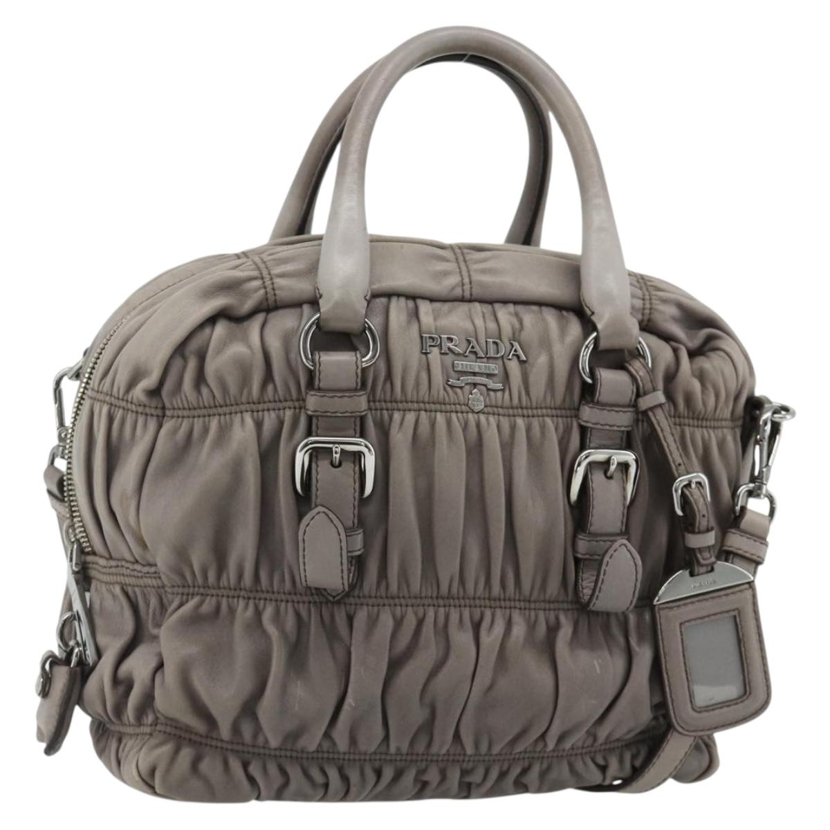 PRADA Gathered Hand Bag Leather 2way Gray Silver Auth 178080A