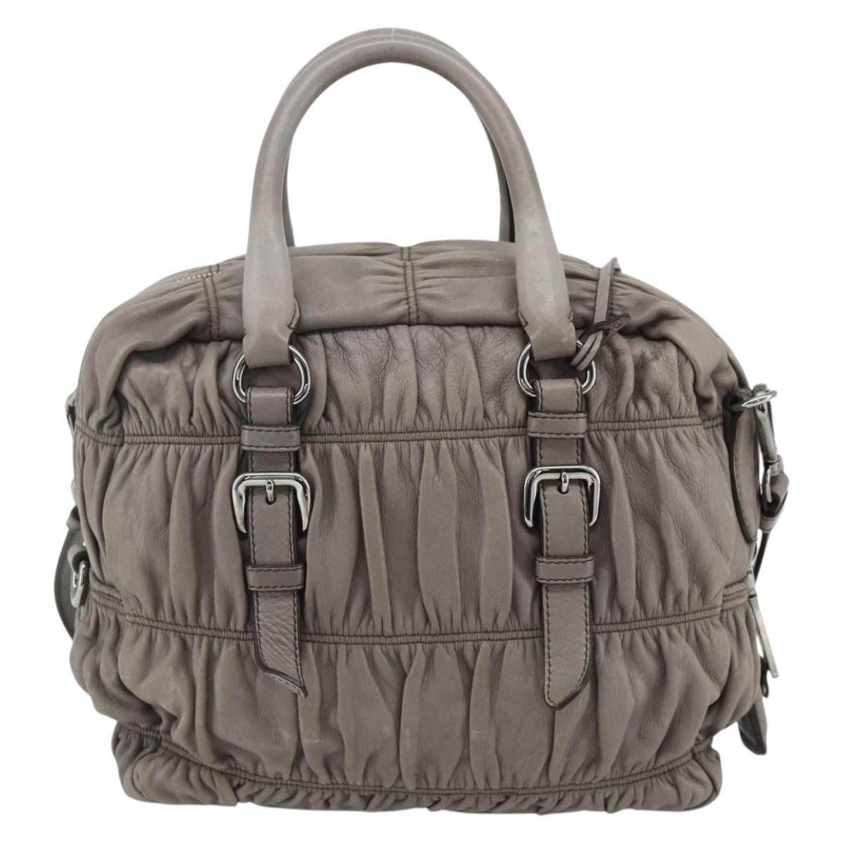 PRADA Gathered Hand Bag Leather 2way Gray Silver Auth 178080A