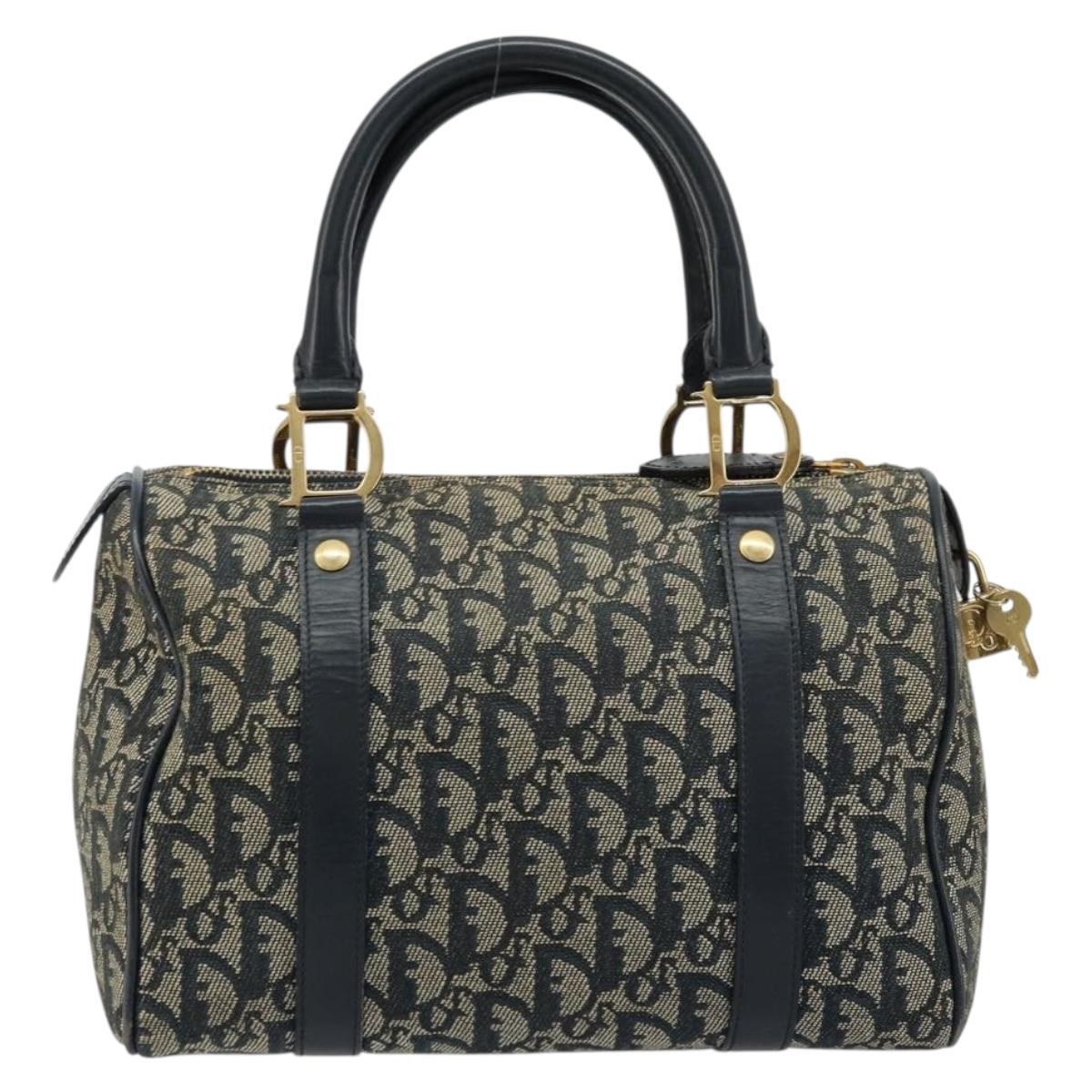 Christian Dior Trotter Canvas Hand Bag Navy Gold Auth 178101