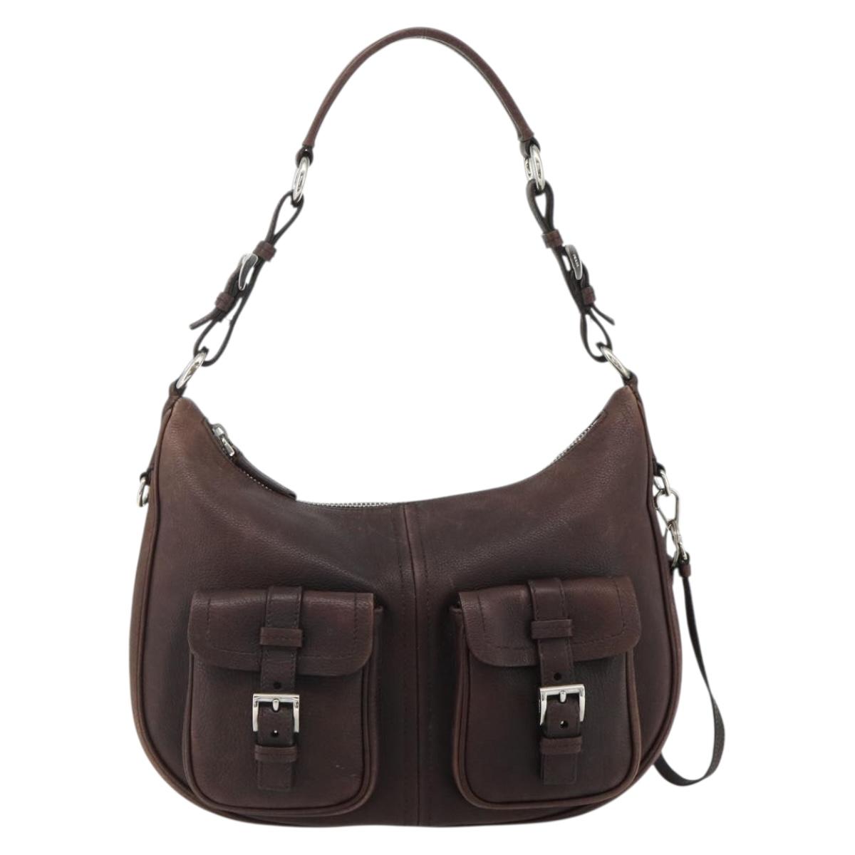 PRADA Shoulder Bag Leather Brown Silver Auth 178118A