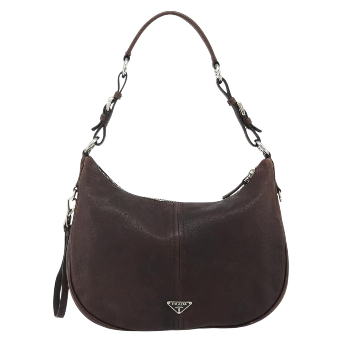 PRADA Shoulder Bag Leather Brown Silver Auth 178118A