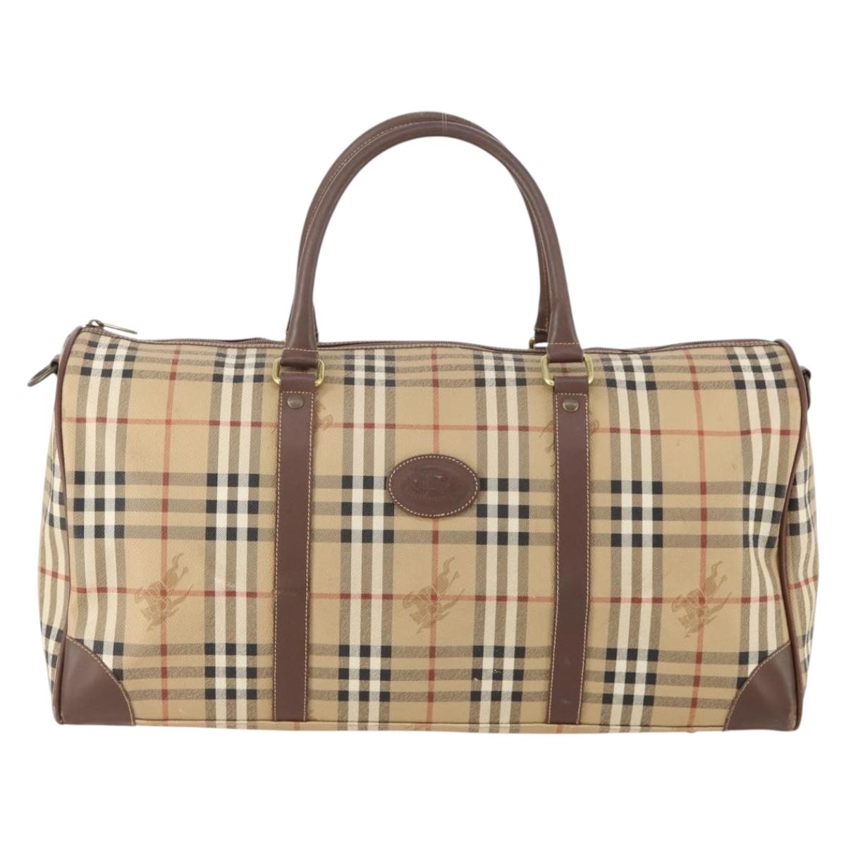 Burberrys Nova Check Boston Bag PVC Leather Beige Gold Auth 178126