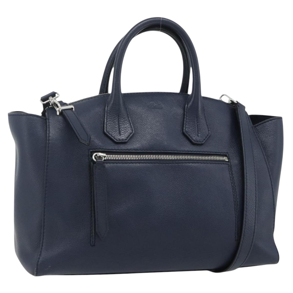 BALLY Hand Bag Leather 2way Navy Silver Auth 178127