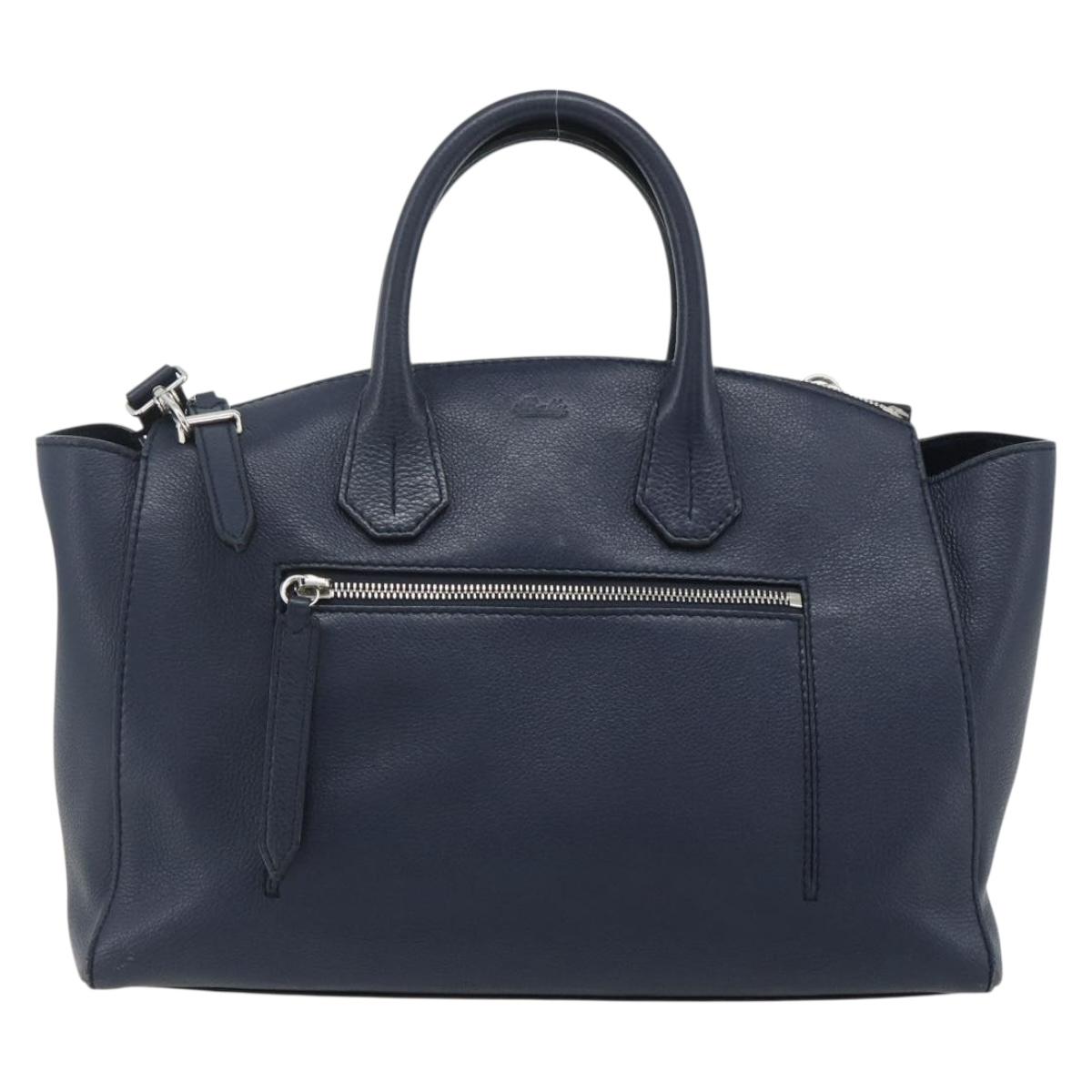 BALLY Hand Bag Leather 2way Navy Silver Auth 178127