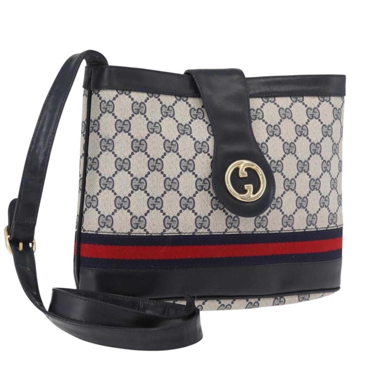 GUCCI GG Supreme Sherry Line Shoulder Bag PVC Navy Gold Auth 178128
